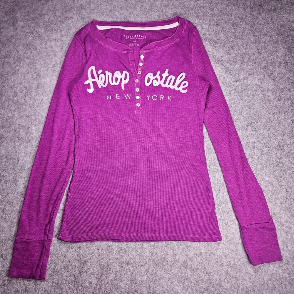 Aeropostale y2K Purple Henley Graphic Sequin Ribbed Top Slim Fit Preppy Sz L